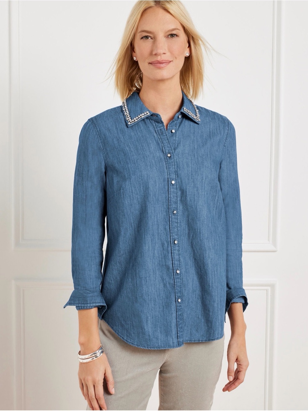 Talbots EMBELLISHED COLLAR DENIM BUTTON FRONT SHIRT size P